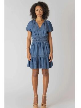 New with tags Room 34 size XL Smocked Waist Tiered Blue Denim Mini Dress.